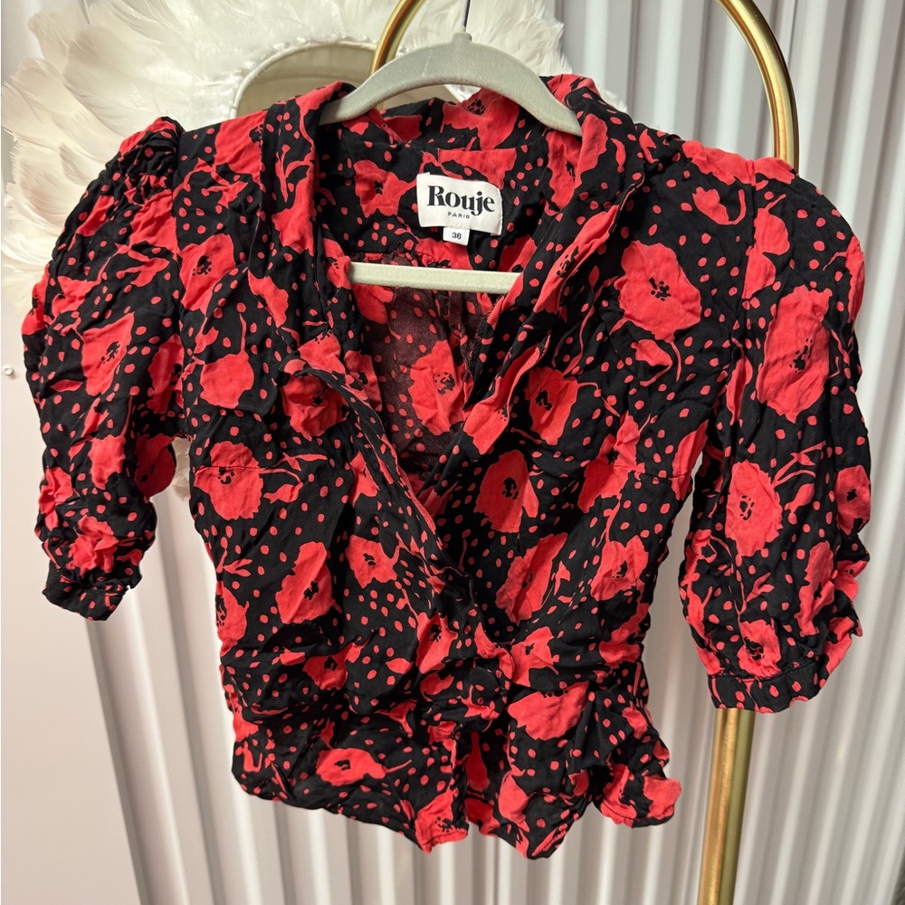 Rouje Red & Black Floral Puff-Sleeve Wrap Top